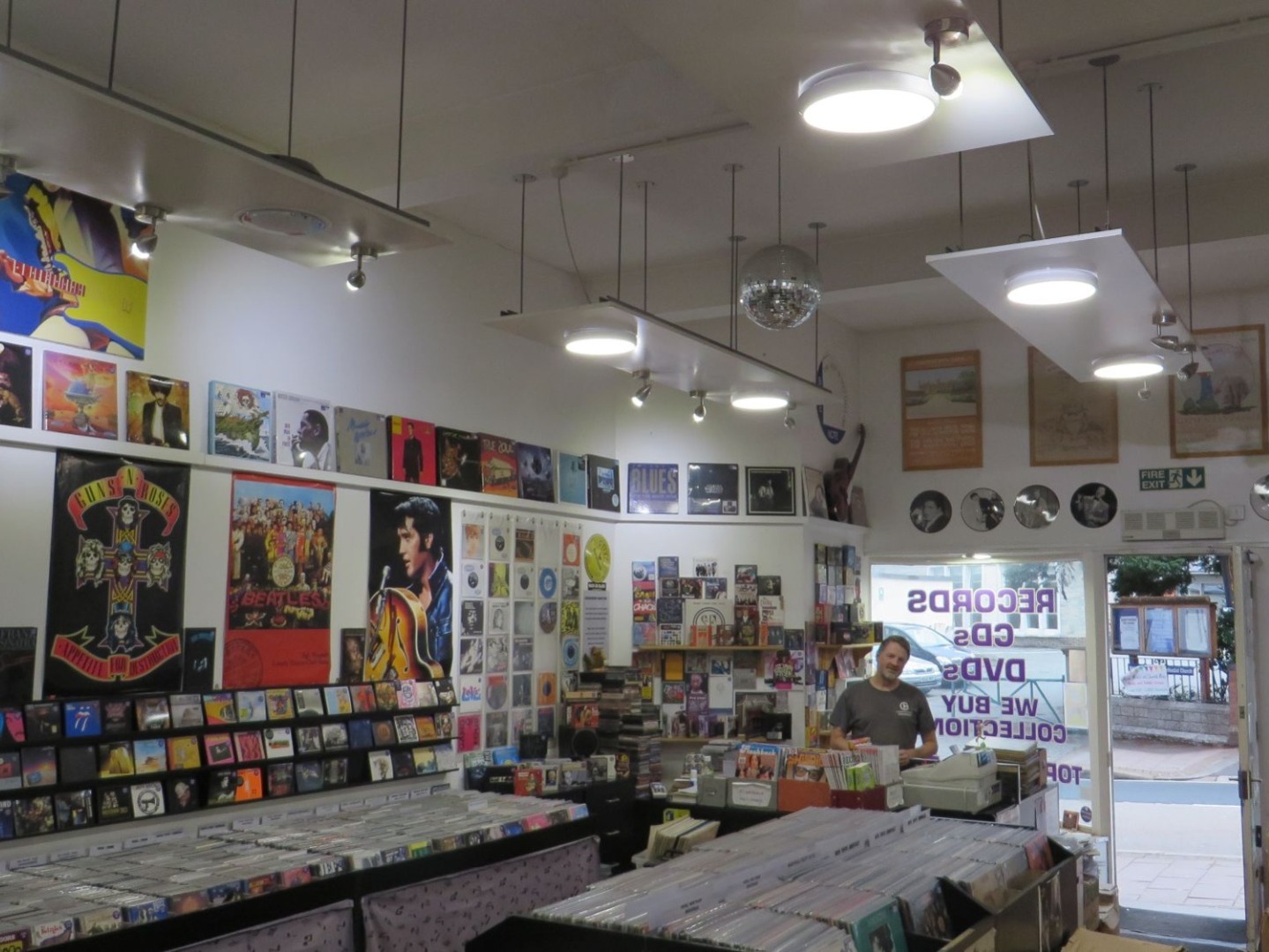 Vinyl crates and shelves inside Rooster Records, 98 Fore Street, Exeter