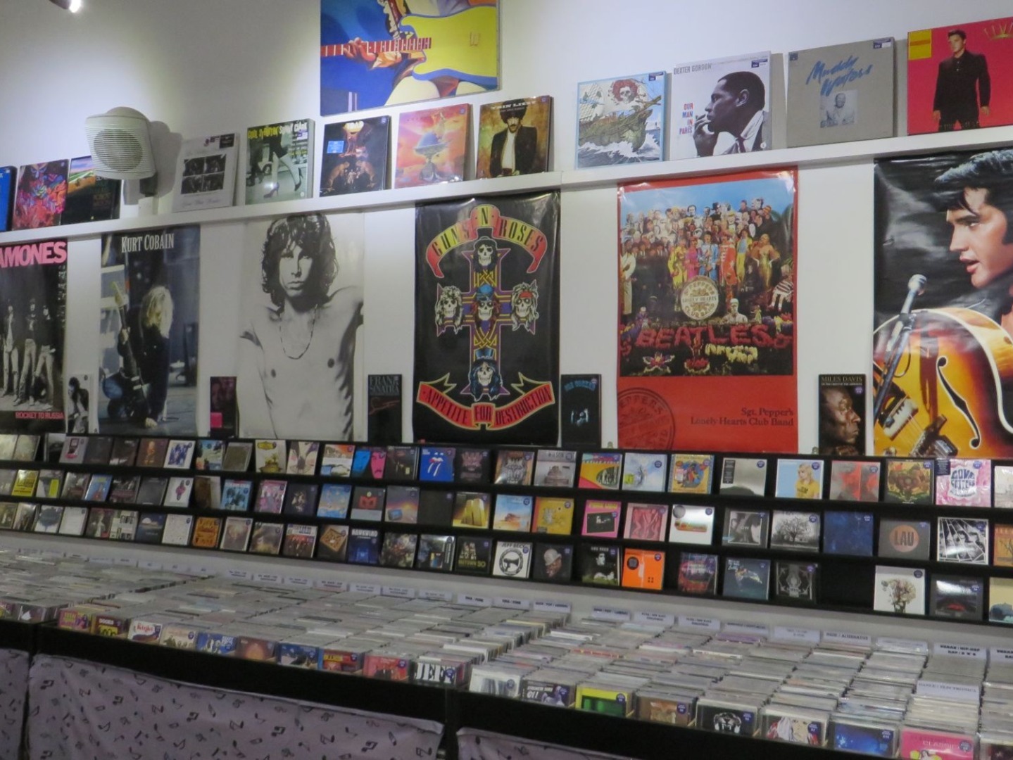 Genre-divided record bins at Rooster Records, Exeter, across 23 categories from fifties through soundtracks